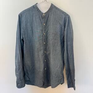 J.Crew Denim Chambray Band Collar Shirt Mens S Blue Cotton Casual Button Down